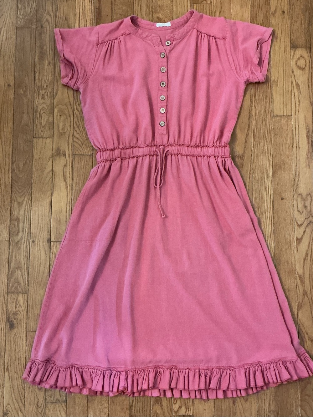 easel Dusty Pink Button-Front‎ Drawstring Ruffle Hem Dress